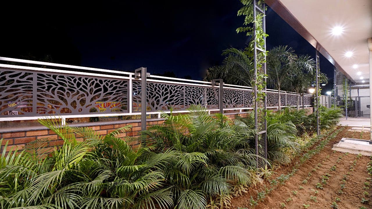 Landscaped terrace garden at night