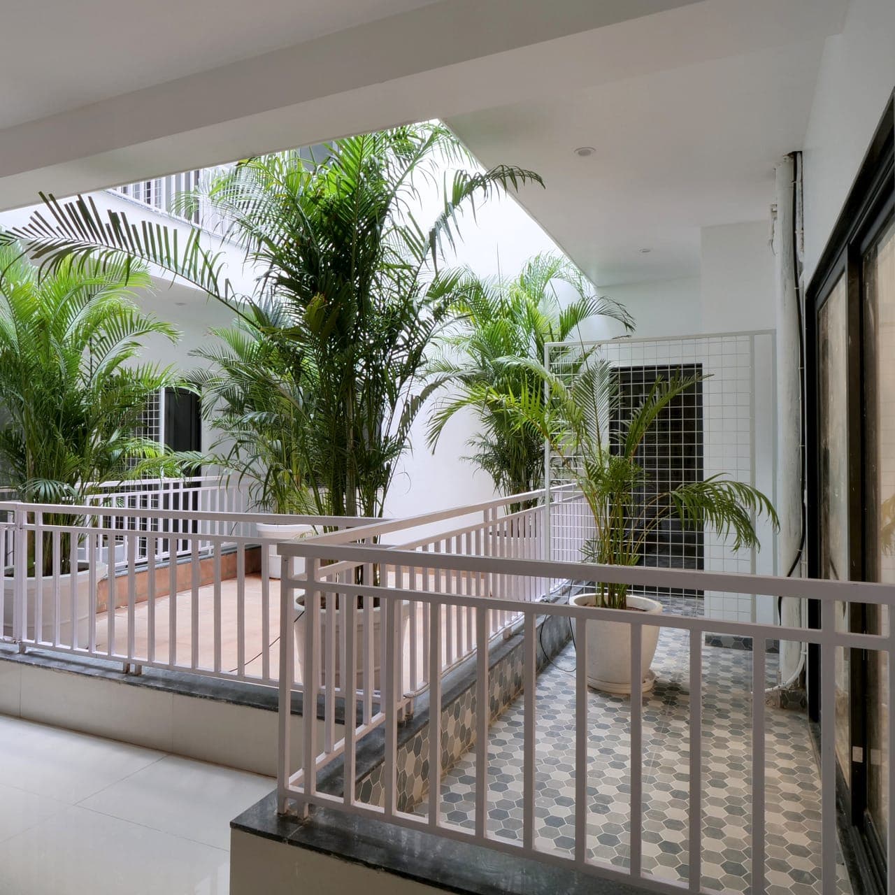 Palms and planters along a Green Leaf Residency balcony